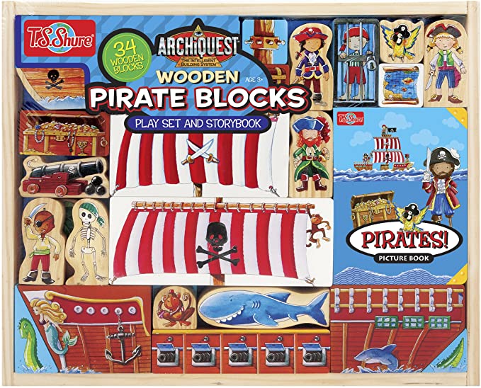 Wooden pirate blocks playset and storybook